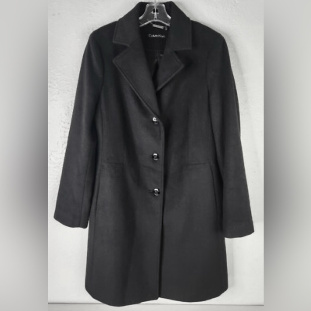 Calvin Klein Elegant Black Trench Coat Wool Blend - Picture 2 of 5